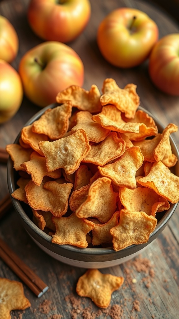 A bowl of crispy cinnamon apple chips on a wooden table with fresh apples and cinnamon.